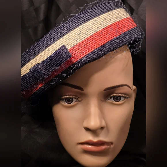 Vintage Pill Box 50s/60s Navy (Red/White/Blue) Woven Straw Veil & Bow SZ Medium - Picture 2 of 14
